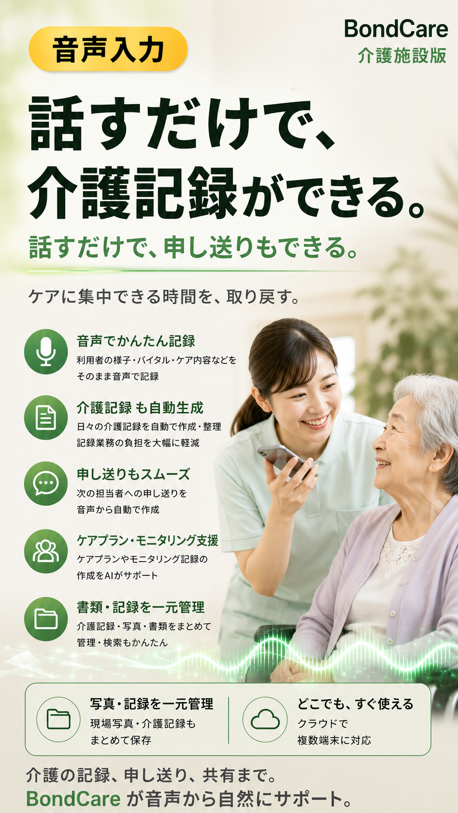 BondCare 介護施設版｜話すだけで、介護記録ができる。